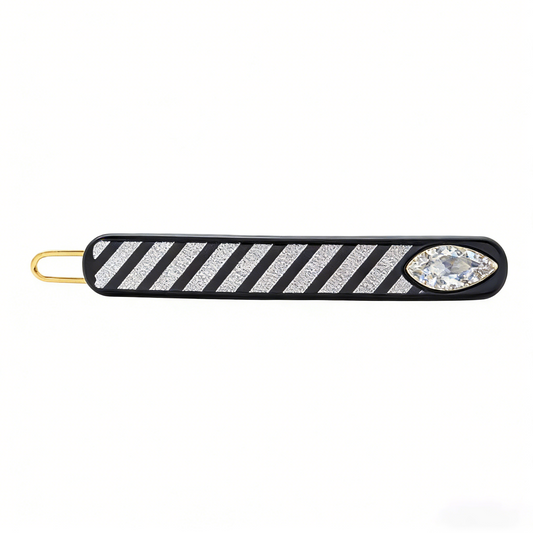 Black White Diagonal Stripe Marquise Crystal Hair Clip