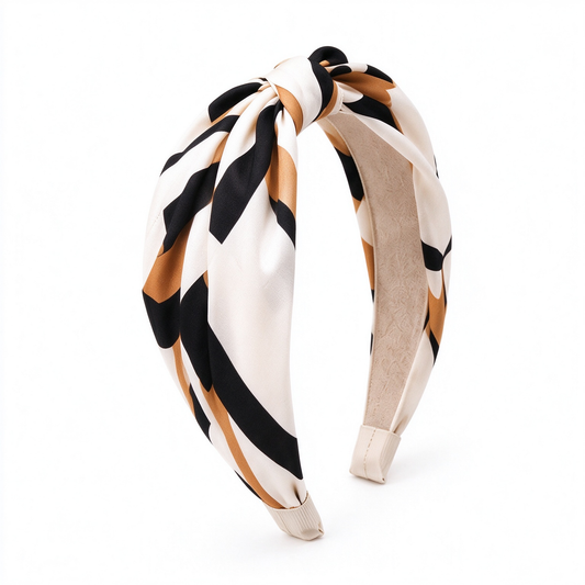 Cream Black Camel Geometric Stripe Satin Knotted Hair Band