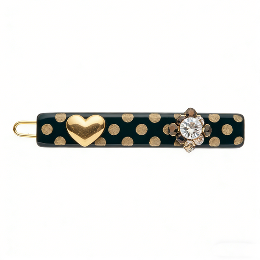 Dark Green Gold Polka Dot Heart & Flower Rhinestone Hair Clip
