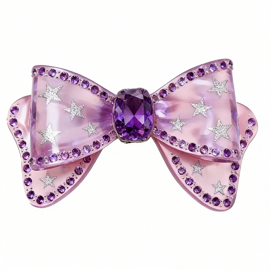 Light Purple Bow Hair Barrette With Star Rhinestones