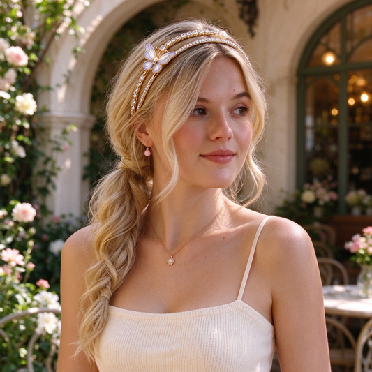 Gold Double Band Butterfly Crystal Pearl Thin Hair Band