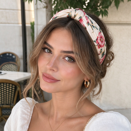 Cream Base Large Floral Satin Knotted Wide Hair Band