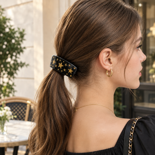 Black Banana Hair Barrette With Gold Glitter Stars