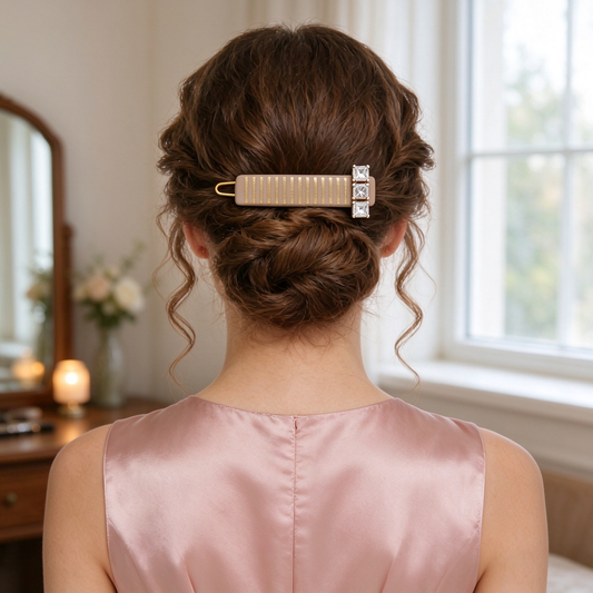 Taupe Gold Stripe Crystal Bar Hair Clip