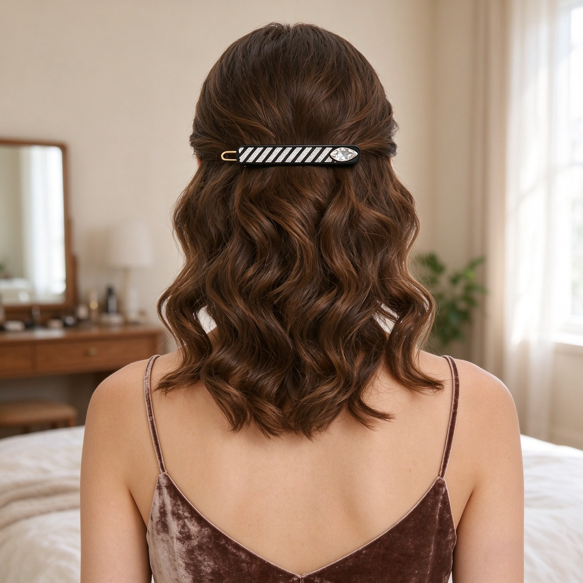 Black White Diagonal Stripe Marquise Crystal Hair Clip